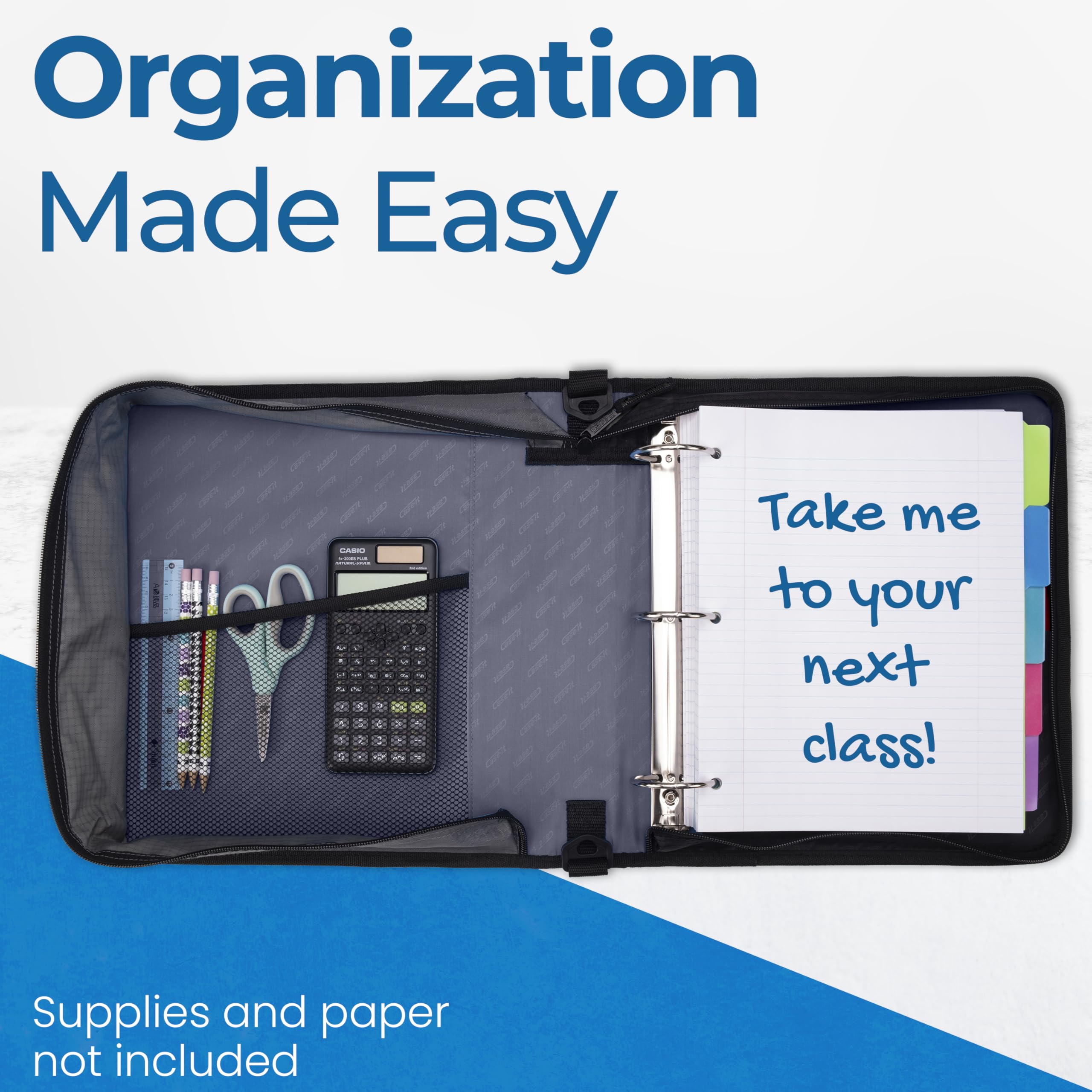 Case-it Classic Zipper Binder | 2-Inch O-Rings, 350 Sheet Capacity, Multiple Storage Pockets & Shoulder Strap | School & Office Organizer | D-251 Jet Black. - Image 7