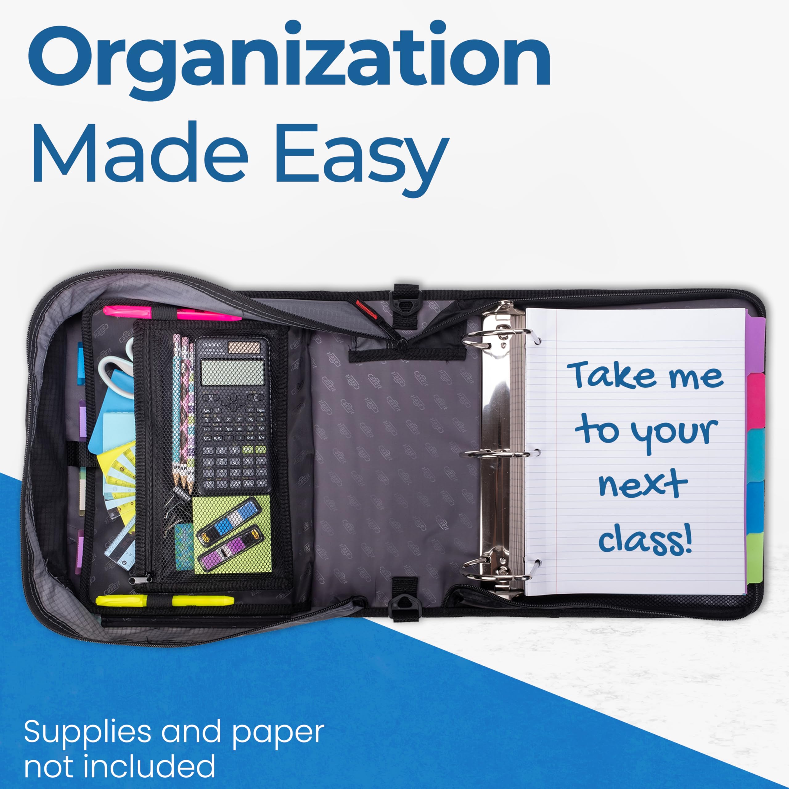 Case-it King Sized Zip Tab School Zipper Binder | 4-Inch D-Rings, 800 Sheet Capacity, 5-Subject Expanding File Folder, Multiple Pockets & Storage Organizer, Shoulder Strap | D-186 Jet Black | 4 Pack - Image 7
